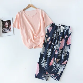 Женская Элегантная домашняя одежда с цветочным принтом из 2 предметов, Женская Свободная тонкая пижама из вискозы, Многоцветная хлопковая атласная одежда для сна на весну