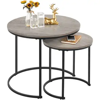 Журнальный столик SMILE MART в деревенском стиле с круглой деревянной столешницей, серый, 24,00x24,00x20,00 дюймов, деревянный стол