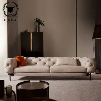 Итальянский диван из матовой кожи, легкий роскошный стиль, элитный современный минималистичный трехместный диван для виллы на заказ