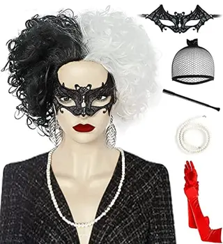 Черно-белый парик Cruella Deville для женщин, костюм Cruella, парик для Хэллоуина, вечеринка 1920-х годов, термостойкий синтетический парик